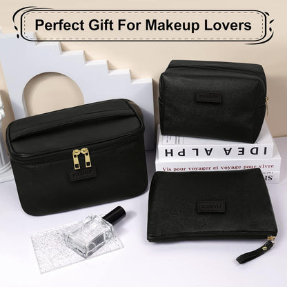 Makeup Bag - Large Cosmetic Bag with 2pcs Small Makeup Bags Portable Leather Travel Makeup Bag Set Toiletry Bag Make Up Bags for Women and Girls (Black)