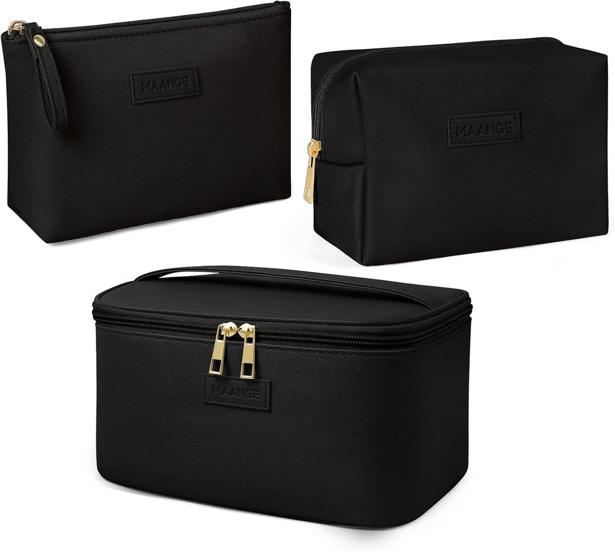 Makeup Bag - Large Cosmetic Bag with 2pcs Small Makeup Bags Portable Leather Travel Makeup Bag Set Toiletry Bag Make Up Bags for Women and Girls (Black)