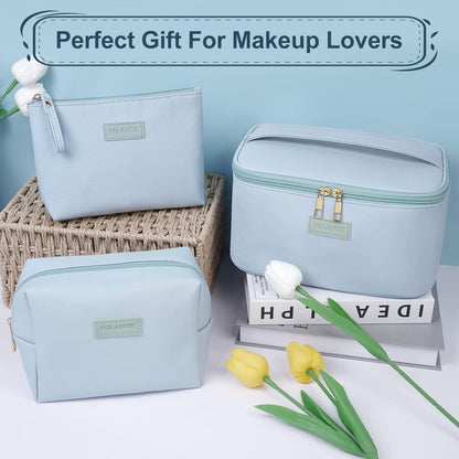 Makeup Bag - Large Cosmetic Bag with 2pcs Small Makeup Bags Portable Leather Travel Makeup Bag Set Toiletry Bag Make Up Bags for Women and Girls (Black)