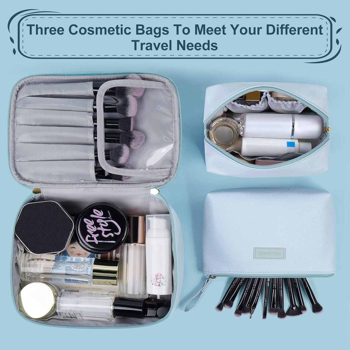 Makeup Bag - Large Cosmetic Bag with 2pcs Small Makeup Bags Portable Leather Travel Makeup Bag Set Toiletry Bag Make Up Bags for Women and Girls (Black)