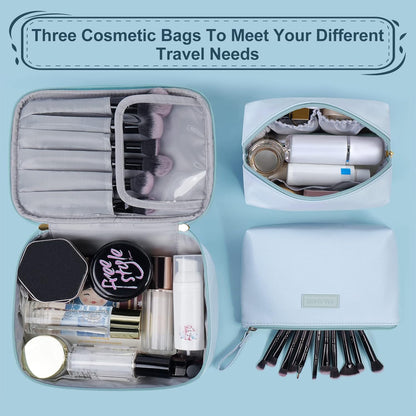 Makeup Bag - Large Cosmetic Bag with 2pcs Small Makeup Bags Portable Leather Travel Makeup Bag Set Toiletry Bag Make Up Bags for Women and Girls (Black)