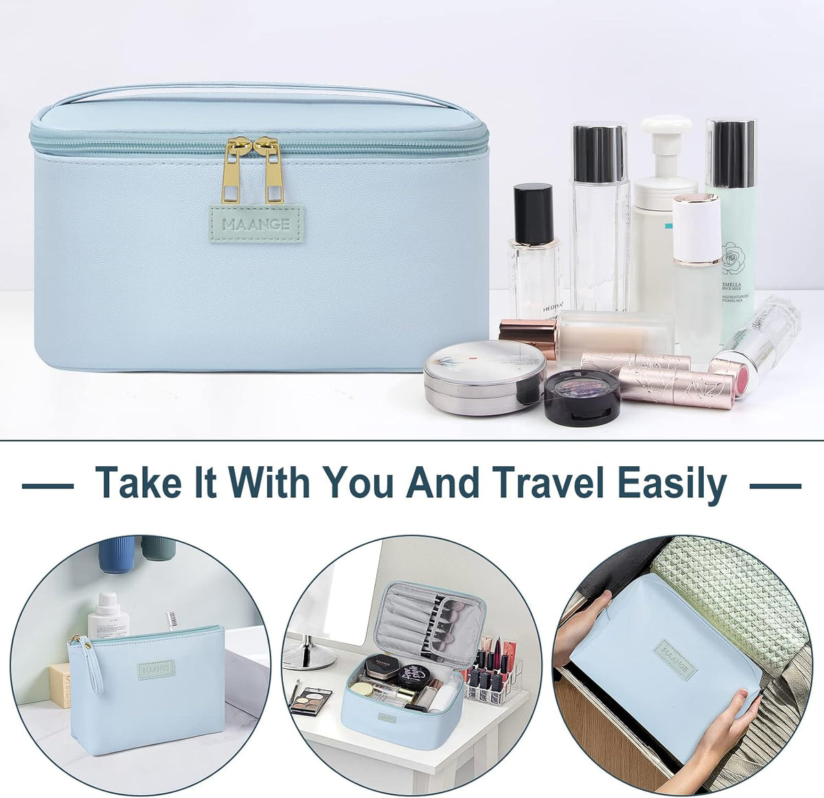 Makeup Bag - Large Cosmetic Bag with 2pcs Small Makeup Bags Portable Leather Travel Makeup Bag Set Toiletry Bag Make Up Bags for Women and Girls (Black)