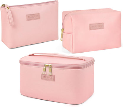 Makeup Bag - Large Cosmetic Bag with 2pcs Small Makeup Bags Portable Leather Travel Makeup Bag Set Toiletry Bag Make Up Bags for Women and Girls (Black)