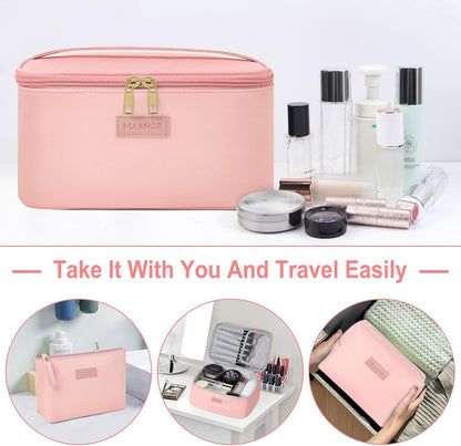 Makeup Bag - Large Cosmetic Bag with 2pcs Small Makeup Bags Portable Leather Travel Makeup Bag Set Toiletry Bag Make Up Bags for Women and Girls (Black)