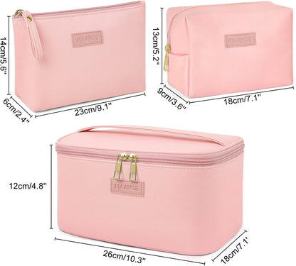 Makeup Bag - Large Cosmetic Bag with 2pcs Small Makeup Bags Portable Leather Travel Makeup Bag Set Toiletry Bag Make Up Bags for Women and Girls (Black)