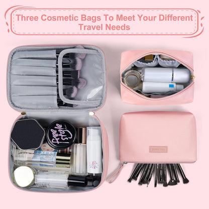 Makeup Bag - Large Cosmetic Bag with 2pcs Small Makeup Bags Portable Leather Travel Makeup Bag Set Toiletry Bag Make Up Bags for Women and Girls (Black)