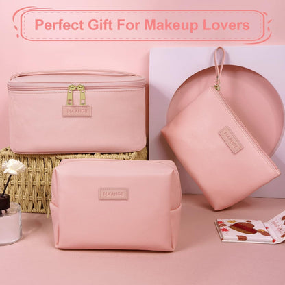 Makeup Bag - Large Cosmetic Bag with 2pcs Small Makeup Bags Portable Leather Travel Makeup Bag Set Toiletry Bag Make Up Bags for Women and Girls (Black)