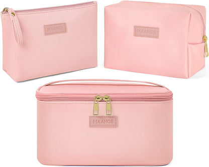 Makeup Bag - Large Cosmetic Bag with 2pcs Small Makeup Bags Portable Leather Travel Makeup Bag Set Toiletry Bag Make Up Bags for Women and Girls (Black)