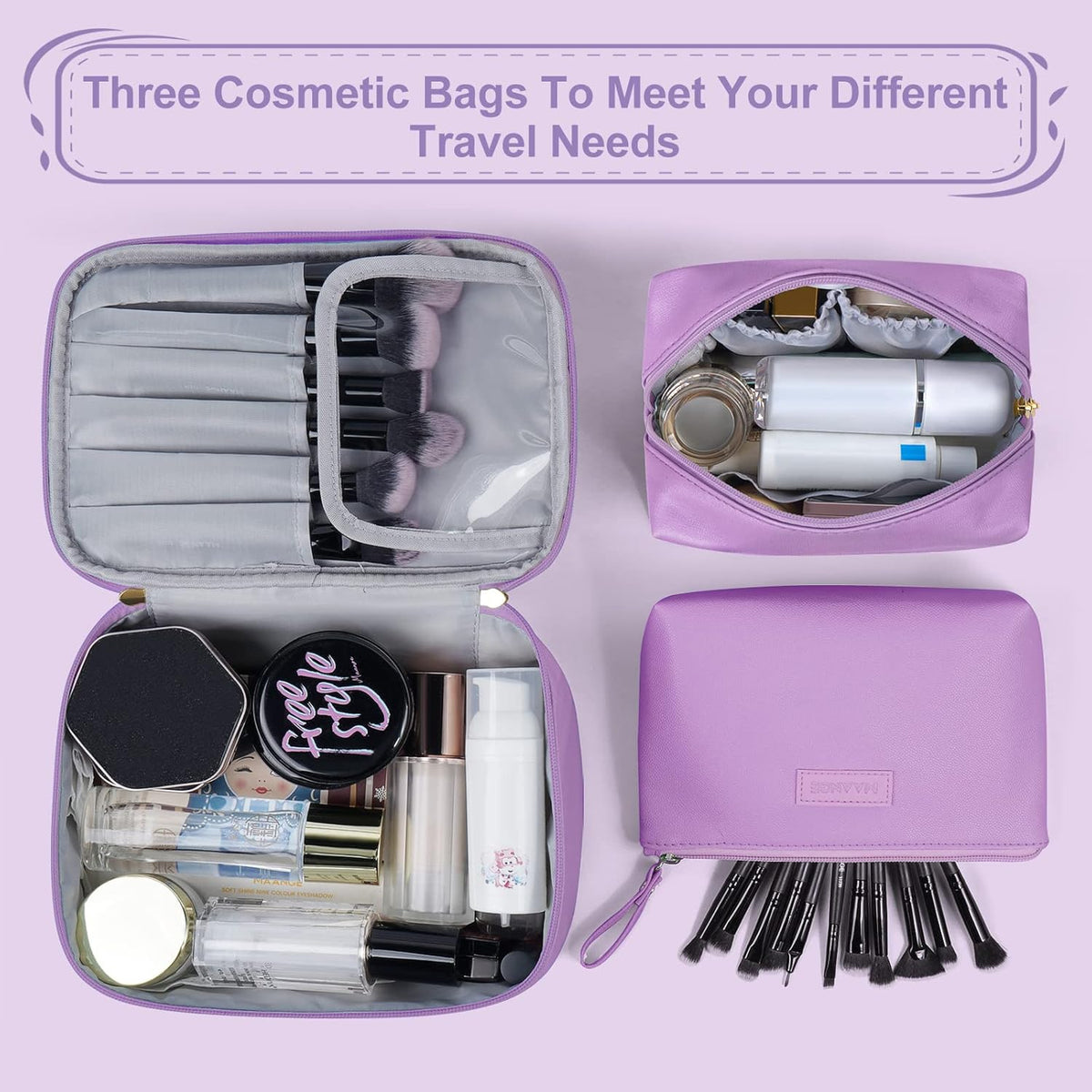 Makeup Bag - Large Cosmetic Bag with 2pcs Small Makeup Bags Portable Leather Travel Makeup Bag Set Toiletry Bag Make Up Bags for Women and Girls (Black)