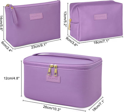 Makeup Bag - Large Cosmetic Bag with 2pcs Small Makeup Bags Portable Leather Travel Makeup Bag Set Toiletry Bag Make Up Bags for Women and Girls (Black)