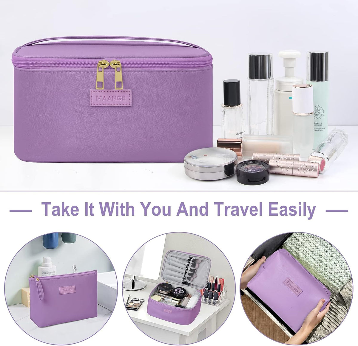 Makeup Bag - Large Cosmetic Bag with 2pcs Small Makeup Bags Portable Leather Travel Makeup Bag Set Toiletry Bag Make Up Bags for Women and Girls (Black)