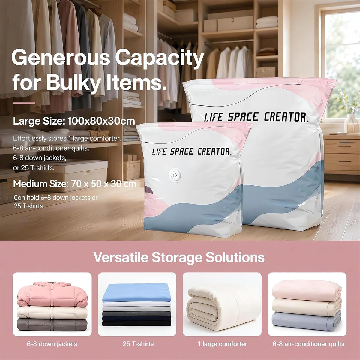 2026 Life Space Creator 80% Compression Storage Bags, Extra Large 3d Roll Up Vacuum Seal For Comforters, Blankets, Clothes, Bedding, Jumbo Packing Cubes For Travel, No Pump Needed Large