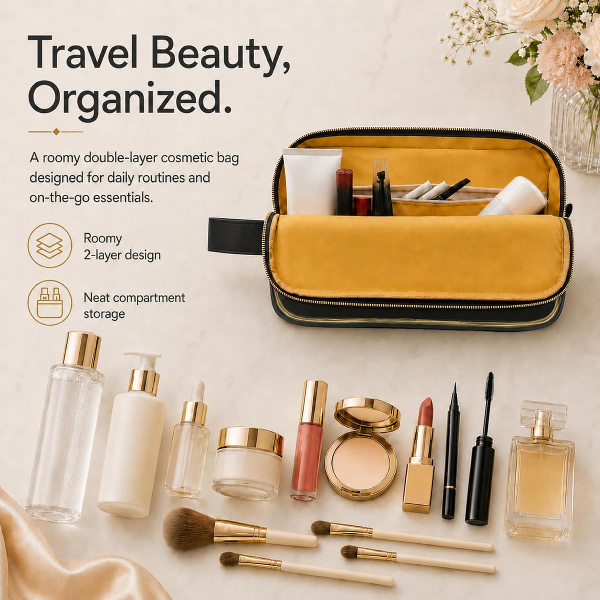 Travel Makeup Bag for Women - Large Capacity Cosmetic Organizer, Open Flat Toiletry Bag with Dividers and Brush Pocket, Waterproof Portable Makeup Pouch for Travel Accessories, Blue