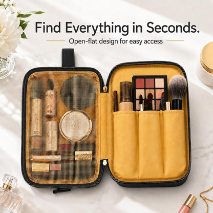 Travel Makeup Bag for Women - Large Capacity Cosmetic Organizer, Open Flat Toiletry Bag with Dividers and Brush Pocket, Waterproof Portable Makeup Pouch for Travel Accessories, Blue