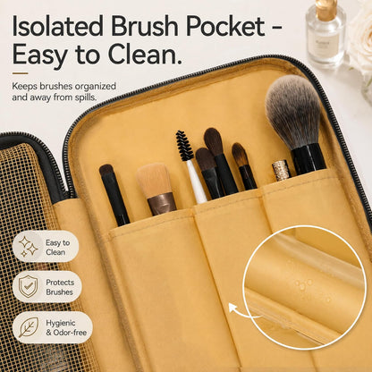 Travel Makeup Bag for Women - Large Capacity Cosmetic Organizer, Open Flat Toiletry Bag with Dividers and Brush Pocket, Waterproof Portable Makeup Pouch for Travel Accessories, Blue