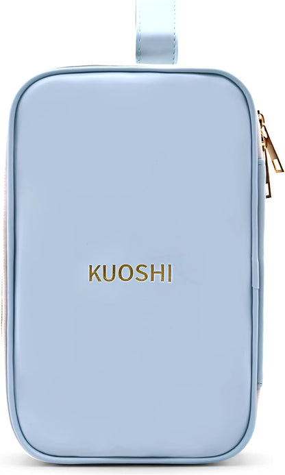 Travel Makeup Bag for Women - Large Capacity Cosmetic Organizer, Open Flat Toiletry Bag with Dividers and Brush Pocket, Waterproof Portable Makeup Pouch for Travel Accessories, Blue