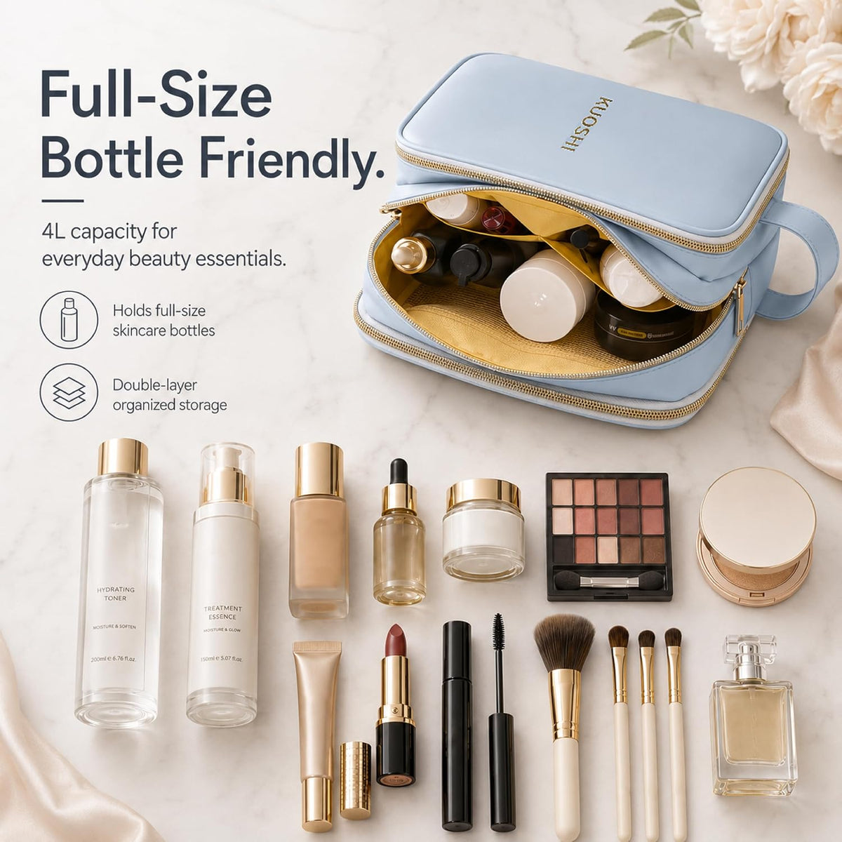 Travel Makeup Bag for Women - Large Capacity Cosmetic Organizer, Open Flat Toiletry Bag with Dividers and Brush Pocket, Waterproof Portable Makeup Pouch for Travel Accessories, Blue