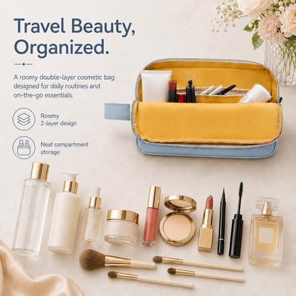 Travel Makeup Bag for Women - Large Capacity Cosmetic Organizer, Open Flat Toiletry Bag with Dividers and Brush Pocket, Waterproof Portable Makeup Pouch for Travel Accessories, Blue