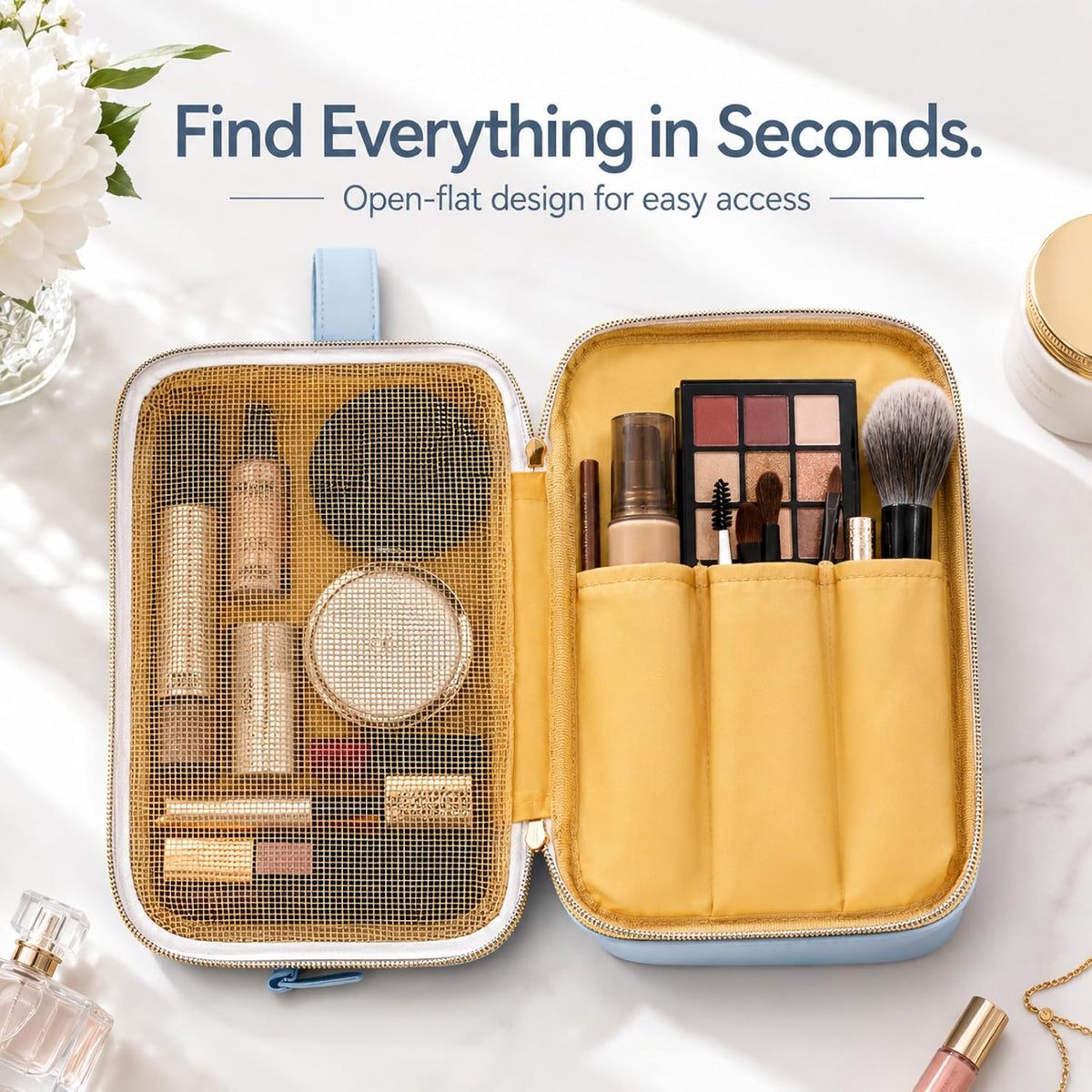 Travel Makeup Bag for Women - Large Capacity Cosmetic Organizer, Open Flat Toiletry Bag with Dividers and Brush Pocket, Waterproof Portable Makeup Pouch for Travel Accessories, Blue