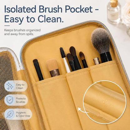 Travel Makeup Bag for Women - Large Capacity Cosmetic Organizer, Open Flat Toiletry Bag with Dividers and Brush Pocket, Waterproof Portable Makeup Pouch for Travel Accessories, Blue