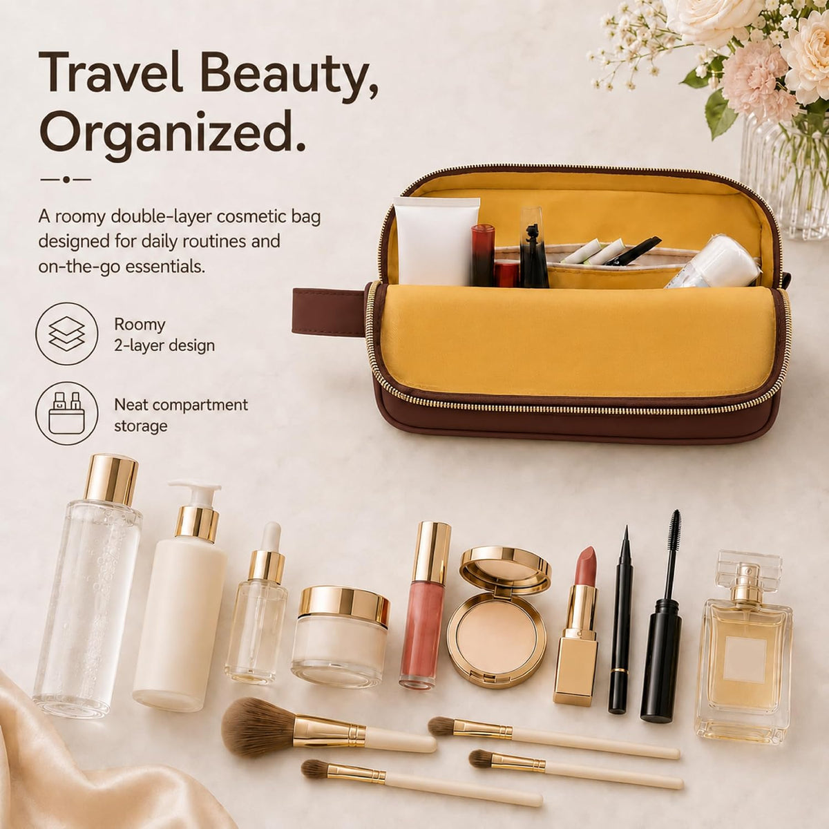 Travel Makeup Bag for Women - Large Capacity Cosmetic Organizer, Open Flat Toiletry Bag with Dividers and Brush Pocket, Waterproof Portable Makeup Pouch for Travel Accessories, Blue