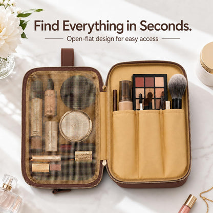 Travel Makeup Bag for Women - Large Capacity Cosmetic Organizer, Open Flat Toiletry Bag with Dividers and Brush Pocket, Waterproof Portable Makeup Pouch for Travel Accessories, Blue