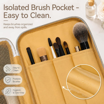 Travel Makeup Bag for Women - Large Capacity Cosmetic Organizer, Open Flat Toiletry Bag with Dividers and Brush Pocket, Waterproof Portable Makeup Pouch for Travel Accessories, Blue