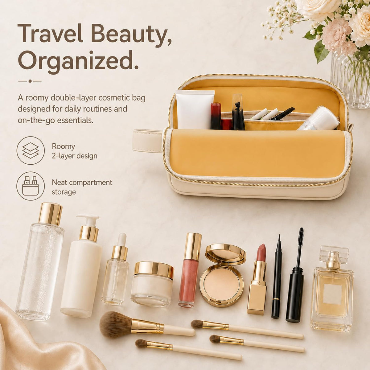 Travel Makeup Bag for Women - Large Capacity Cosmetic Organizer, Open Flat Toiletry Bag with Dividers and Brush Pocket, Waterproof Portable Makeup Pouch for Travel Accessories, Blue