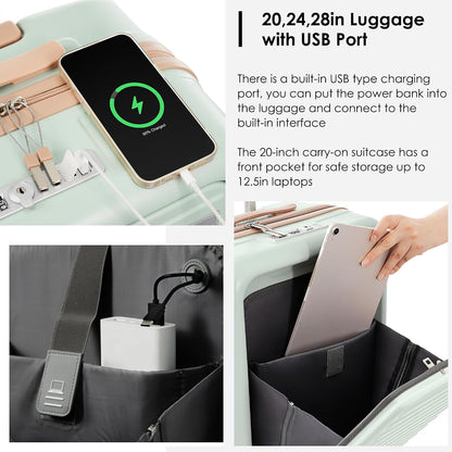 Carry on Luggage with Front Pocket, Hard Shell Luggage Suitcase with USB Port and Cup Holder, Rolling Luggage with Expandable Travel Bag Toiletry Bag (Grey, 20in/28in)