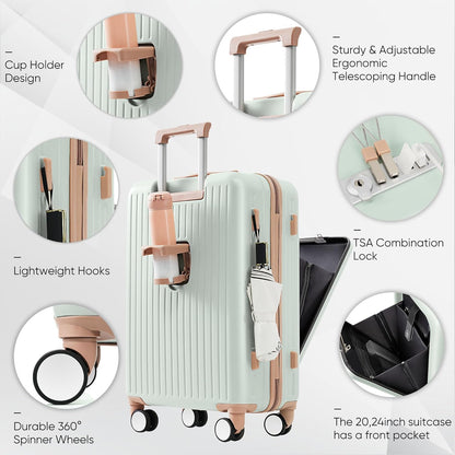 Carry on Luggage with Front Pocket, Hard Shell Luggage Suitcase with USB Port and Cup Holder, Rolling Luggage with Expandable Travel Bag Toiletry Bag (Grey, 20in/28in)