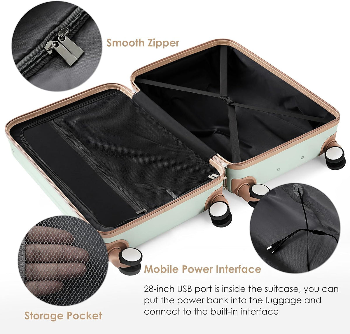 Carry on Luggage with Front Pocket, Hard Shell Luggage Suitcase with USB Port and Cup Holder, Rolling Luggage with Expandable Travel Bag Toiletry Bag (Grey, 20in/28in)