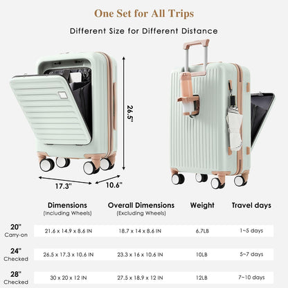 Carry on Luggage with Front Pocket, Hard Shell Luggage Suitcase with USB Port and Cup Holder, Rolling Luggage with Expandable Travel Bag Toiletry Bag (Grey, 20in/28in)