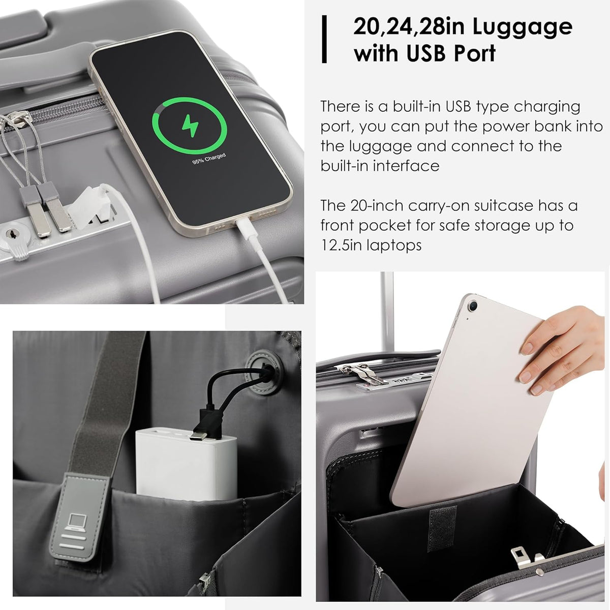 Carry on Luggage with Front Pocket, Hard Shell Luggage Suitcase with USB Port and Cup Holder, Rolling Luggage with Expandable Travel Bag Toiletry Bag (Grey, 20in/28in)
