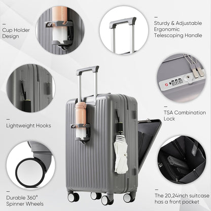 Carry on Luggage with Front Pocket, Hard Shell Luggage Suitcase with USB Port and Cup Holder, Rolling Luggage with Expandable Travel Bag Toiletry Bag (Grey, 20in/28in)
