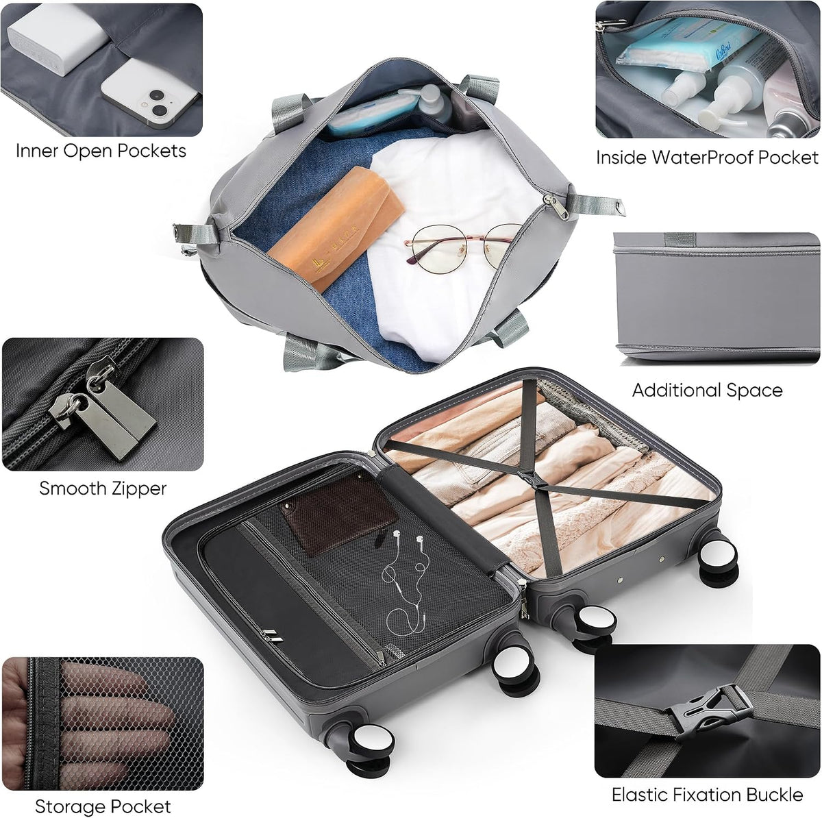 Carry on Luggage with Front Pocket, Hard Shell Luggage Suitcase with USB Port and Cup Holder, Rolling Luggage with Expandable Travel Bag Toiletry Bag (Grey, 20in/28in)