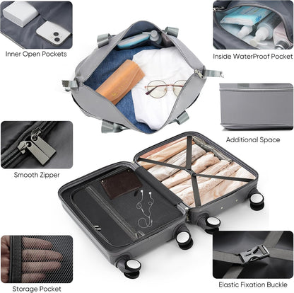 Carry on Luggage with Front Pocket, Hard Shell Luggage Suitcase with USB Port and Cup Holder, Rolling Luggage with Expandable Travel Bag Toiletry Bag (Grey, 20in/28in)