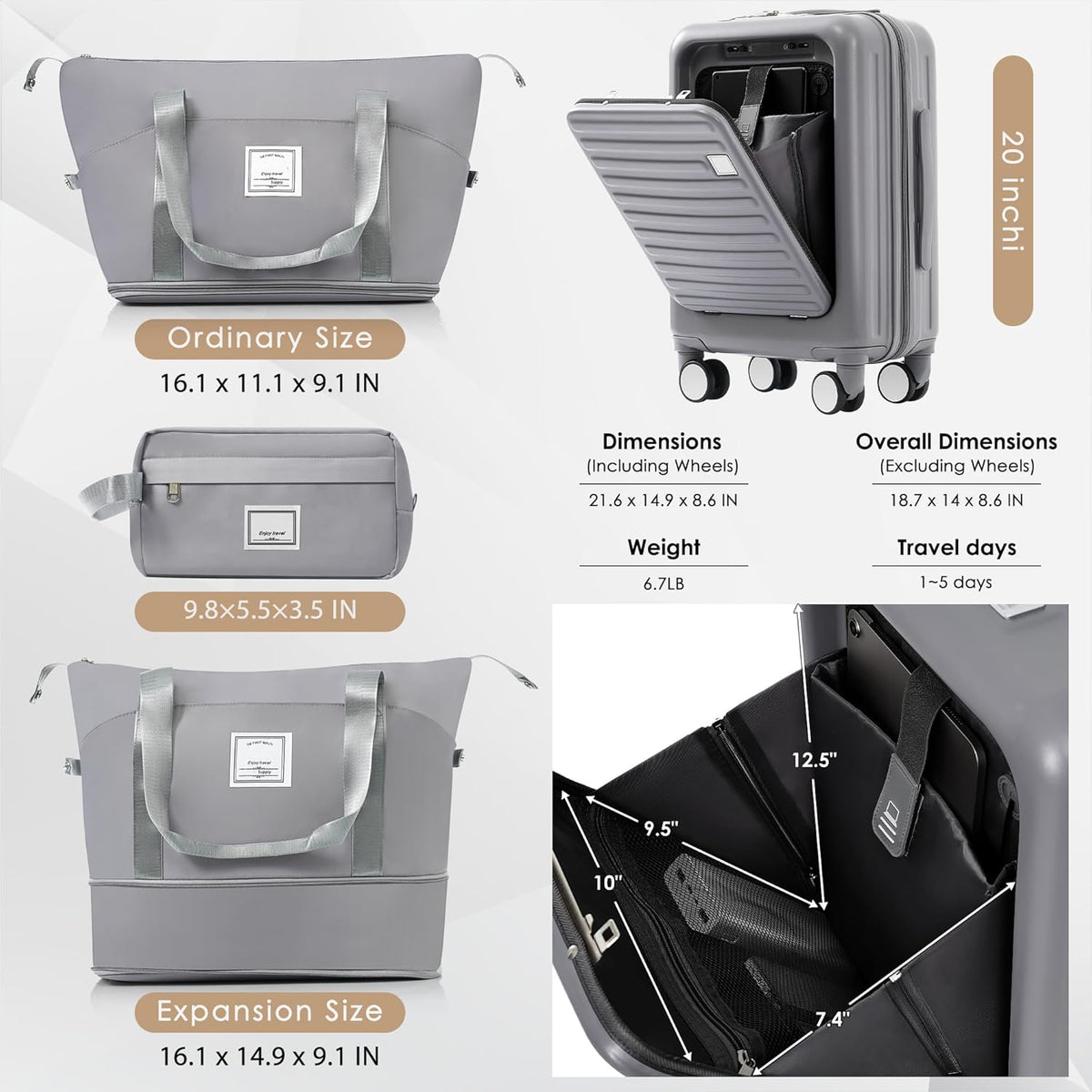 Carry on Luggage with Front Pocket, Hard Shell Luggage Suitcase with USB Port and Cup Holder, Rolling Luggage with Expandable Travel Bag Toiletry Bag (Grey, 20in/28in)