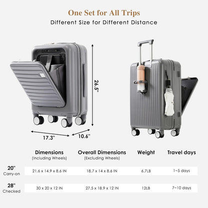 Carry on Luggage with Front Pocket, Hard Shell Luggage Suitcase with USB Port and Cup Holder, Rolling Luggage with Expandable Travel Bag Toiletry Bag (Grey, 20in/28in)