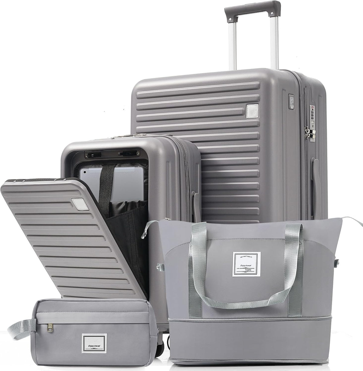 Carry on Luggage with Front Pocket, Hard Shell Luggage Suitcase with USB Port and Cup Holder, Rolling Luggage with Expandable Travel Bag Toiletry Bag (Grey, 20in/28in)