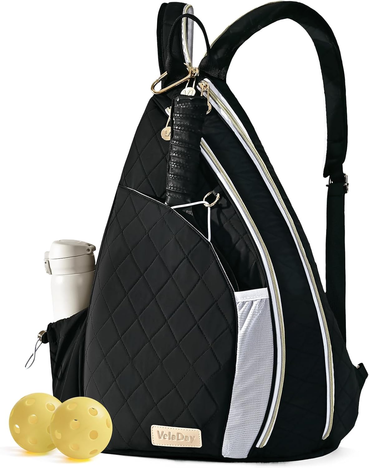 Pickleball Bag for Women, Chic Quilted Pickleball Sling Bag, Black | Backpack, Lightweight & Weatherproof, Multiple Pockets, Easily Fits Paddles, Fence Hook, for Court & Daily Use