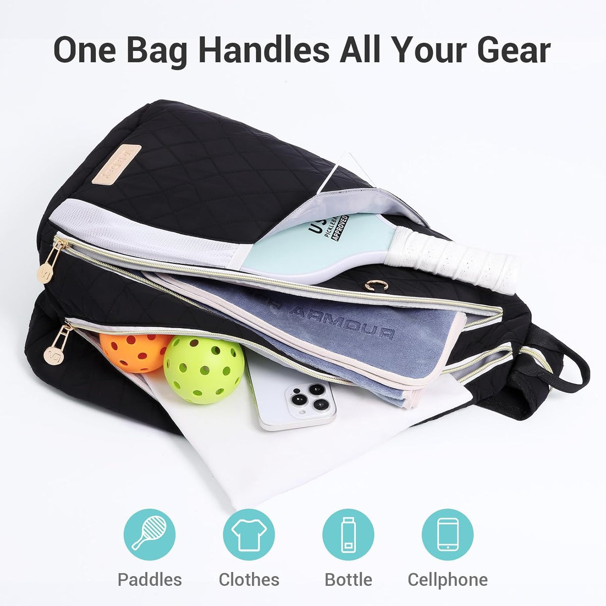 Pickleball Bag for Women, Chic Quilted Pickleball Sling Bag, Black | Backpack, Lightweight & Weatherproof, Multiple Pockets, Easily Fits Paddles, Fence Hook, for Court & Daily Use