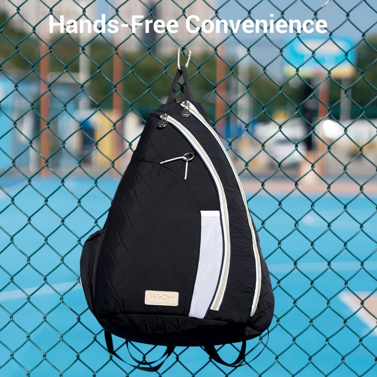Pickleball Bag for Women, Chic Quilted Pickleball Sling Bag, Black | Backpack, Lightweight & Weatherproof, Multiple Pockets, Easily Fits Paddles, Fence Hook, for Court & Daily Use