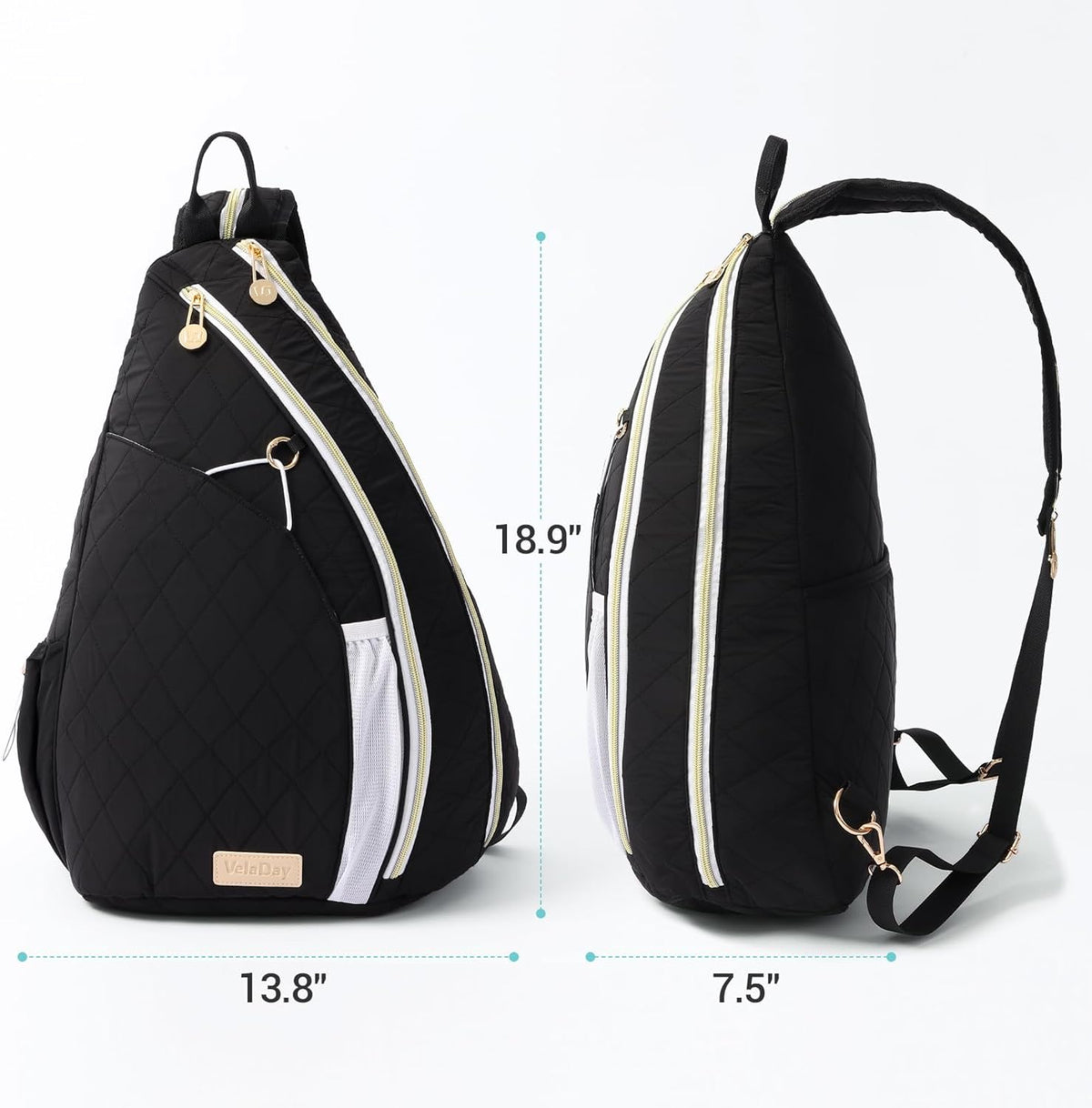 Pickleball Bag for Women, Chic Quilted Pickleball Sling Bag, Black | Backpack, Lightweight & Weatherproof, Multiple Pockets, Easily Fits Paddles, Fence Hook, for Court & Daily Use