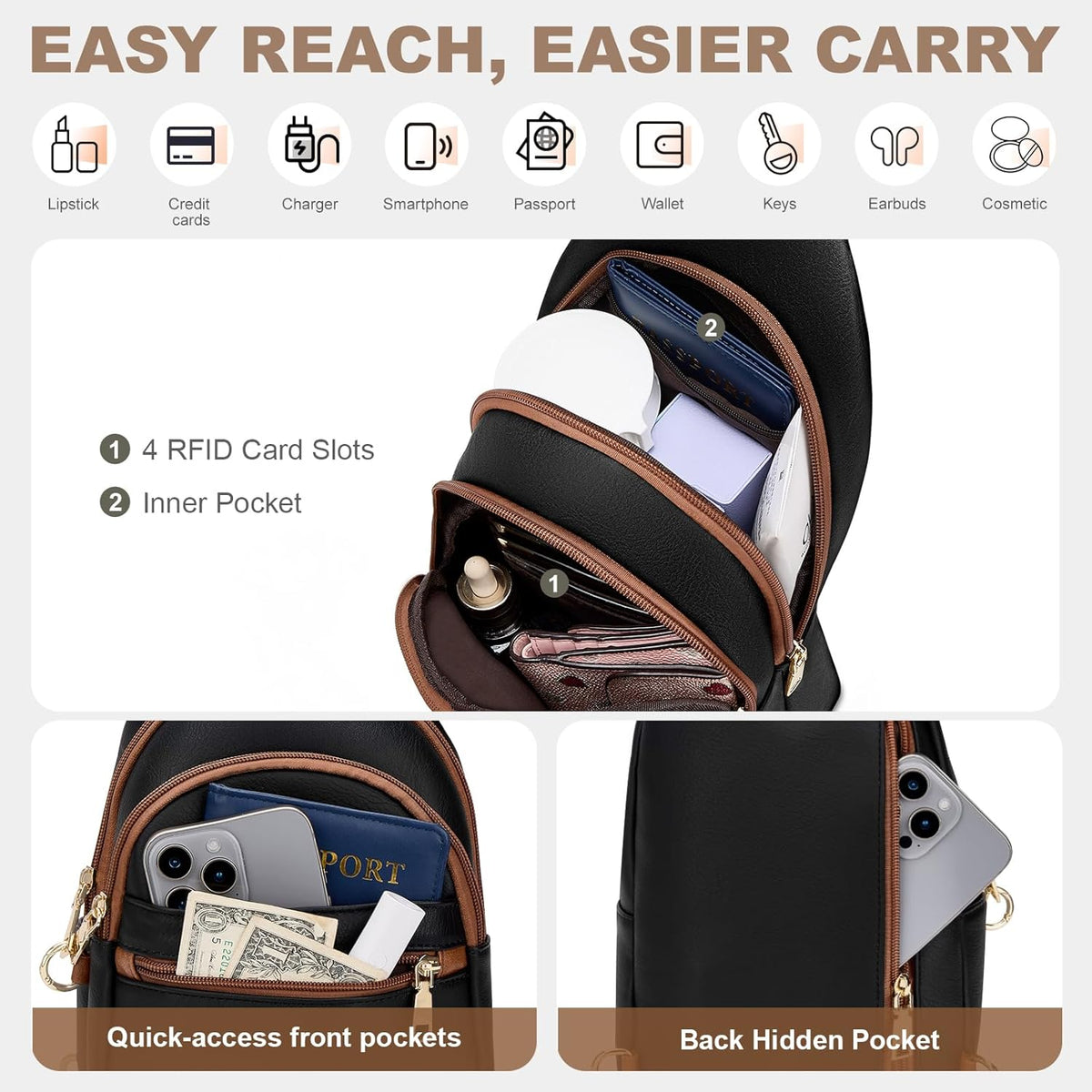 Anti Theft Crossbody Bags for Women, RFID Sling Bag Travel Purse, RFID Cross Body Purses Chest Bag for Travel