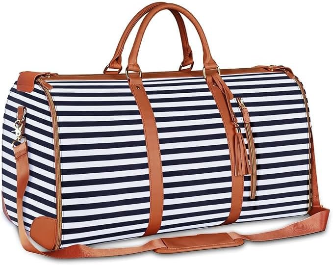 Foldable Stylish Travel Duffle Bag, Large Duffel Bag with Separate Shoes Pouch & Straps, Carry On Weekend Bag, Hospital, Overnight (Blue Stripes)
