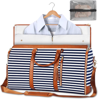 Foldable Stylish Travel Duffle Bag, Large Duffel Bag with Separate Shoes Pouch & Straps, Carry On Weekend Bag, Hospital, Overnight (Blue Stripes)
