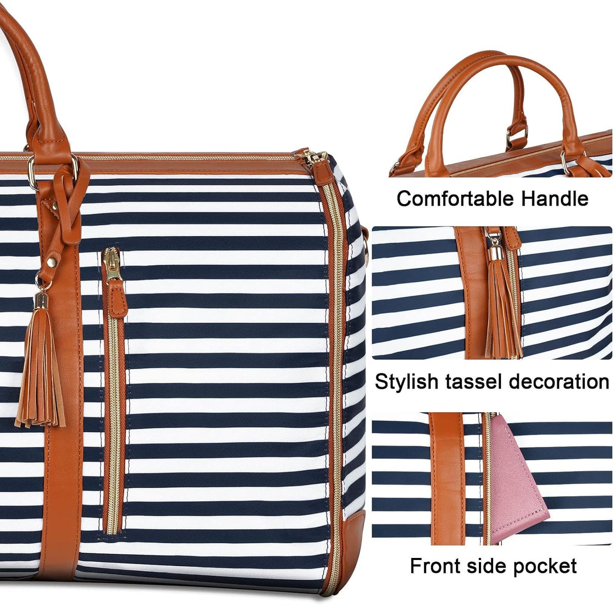 Foldable Stylish Travel Duffle Bag, Large Duffel Bag with Separate Shoes Pouch & Straps, Carry On Weekend Bag, Hospital, Overnight (Blue Stripes)