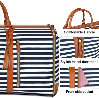 Foldable Stylish Travel Duffle Bag, Large Duffel Bag with Separate Shoes Pouch & Straps, Carry On Weekend Bag, Hospital, Overnight (Blue Stripes)