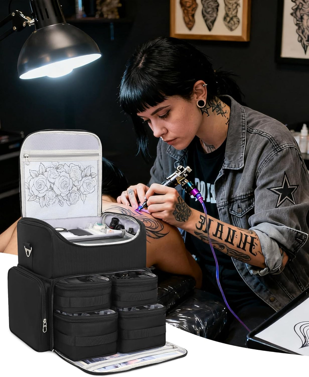 Tattoo Backpack with 4 Removable Pouches, Tattoo Travel Case with 3 Detachable Dividers, Waterproof Tattoo Carrying Case for Stencil Printer, Equipment and Supplies - Black