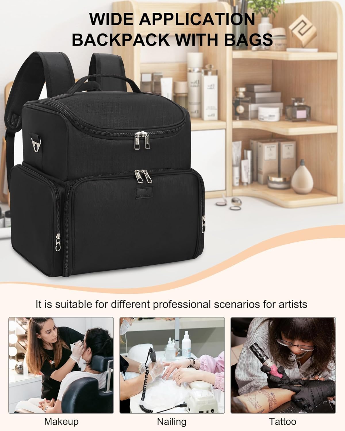 Tattoo Backpack with 4 Removable Pouches, Tattoo Travel Case with 3 Detachable Dividers, Waterproof Tattoo Carrying Case for Stencil Printer, Equipment and Supplies - Black